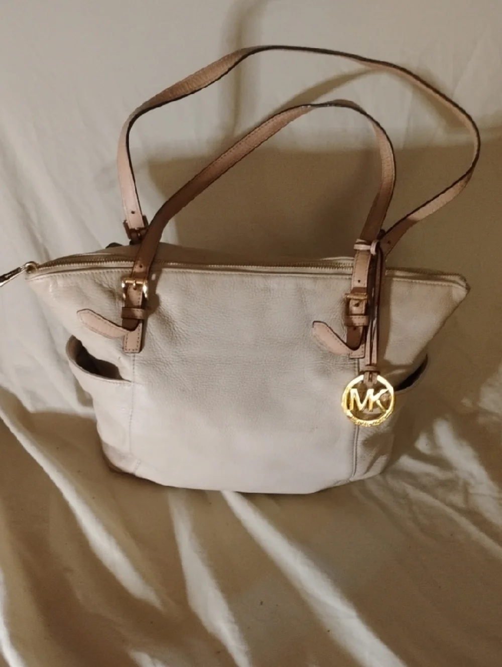 Michael Kors Jet Set Cream Leather Tote with Gold Accents